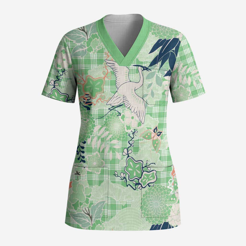 Green Palaka Crane and Flowers Scrub Top Japan Heritage Spirit - Polynesian Pride