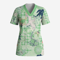 Green Palaka Crane and Flowers Scrub Top Japan Heritage Spirit - Polynesian Pride