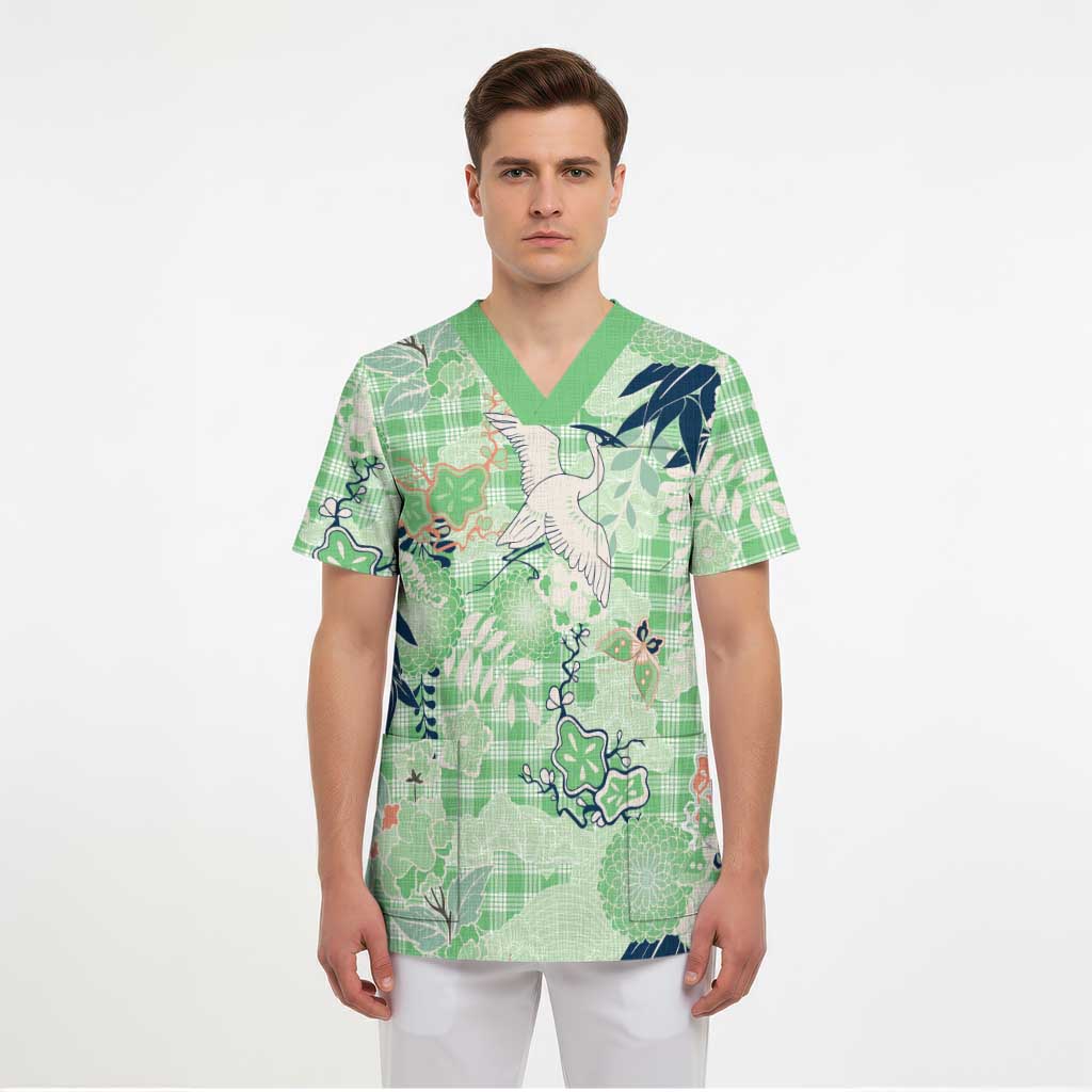 Green Palaka Crane and Flowers Scrub Top Japan Heritage Spirit - Polynesian Pride