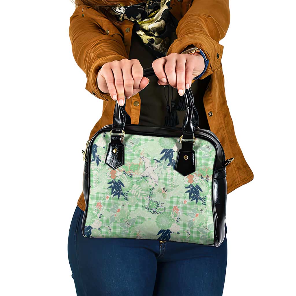 Green Palaka Crane and Flowers Shoulder Handbag Japan Heritage Spirit - Polynesian Pride
