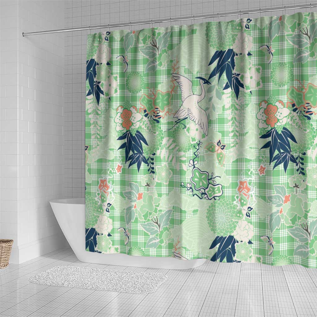 Green Palaka Crane and Flowers Shower Curtain Japan Heritage Spirit - Polynesian Pride