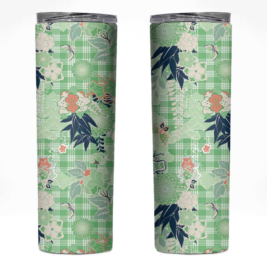 Green Palaka Crane and Flowers Skinny Tumbler Japan Heritage Spirit - Polynesian Pride