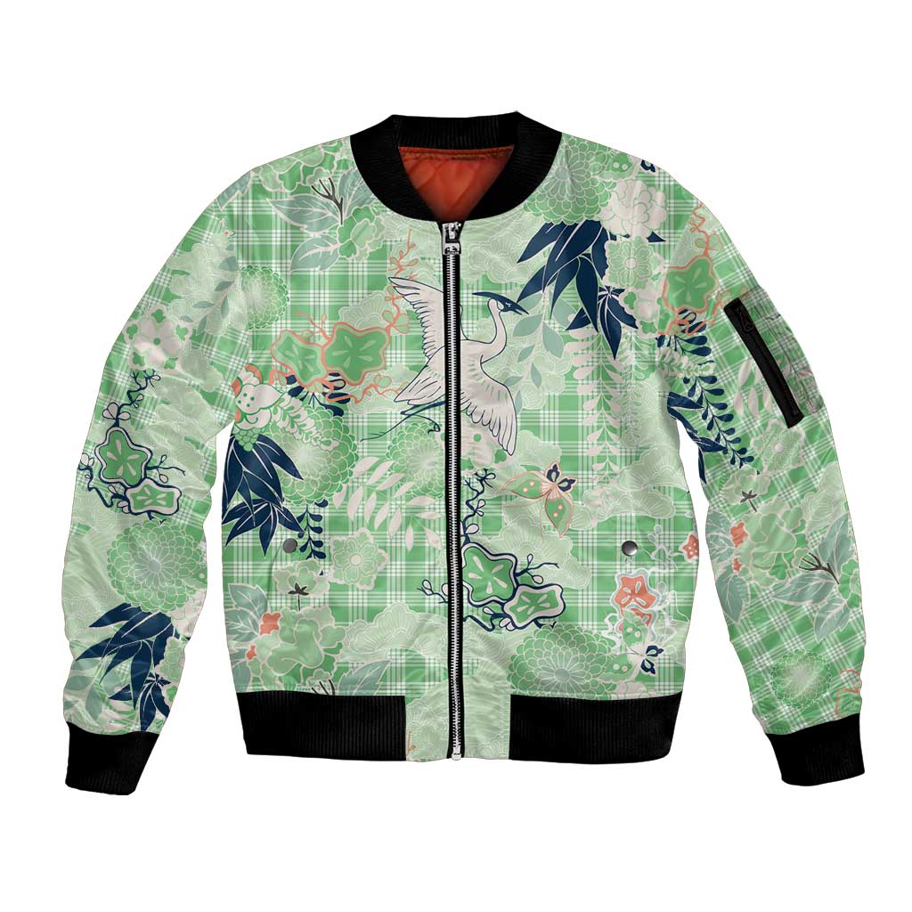 Green Palaka Crane and Flowers Sleeve Zip Bomber Jacket Japan Heritage Spirit - Polynesian Pride