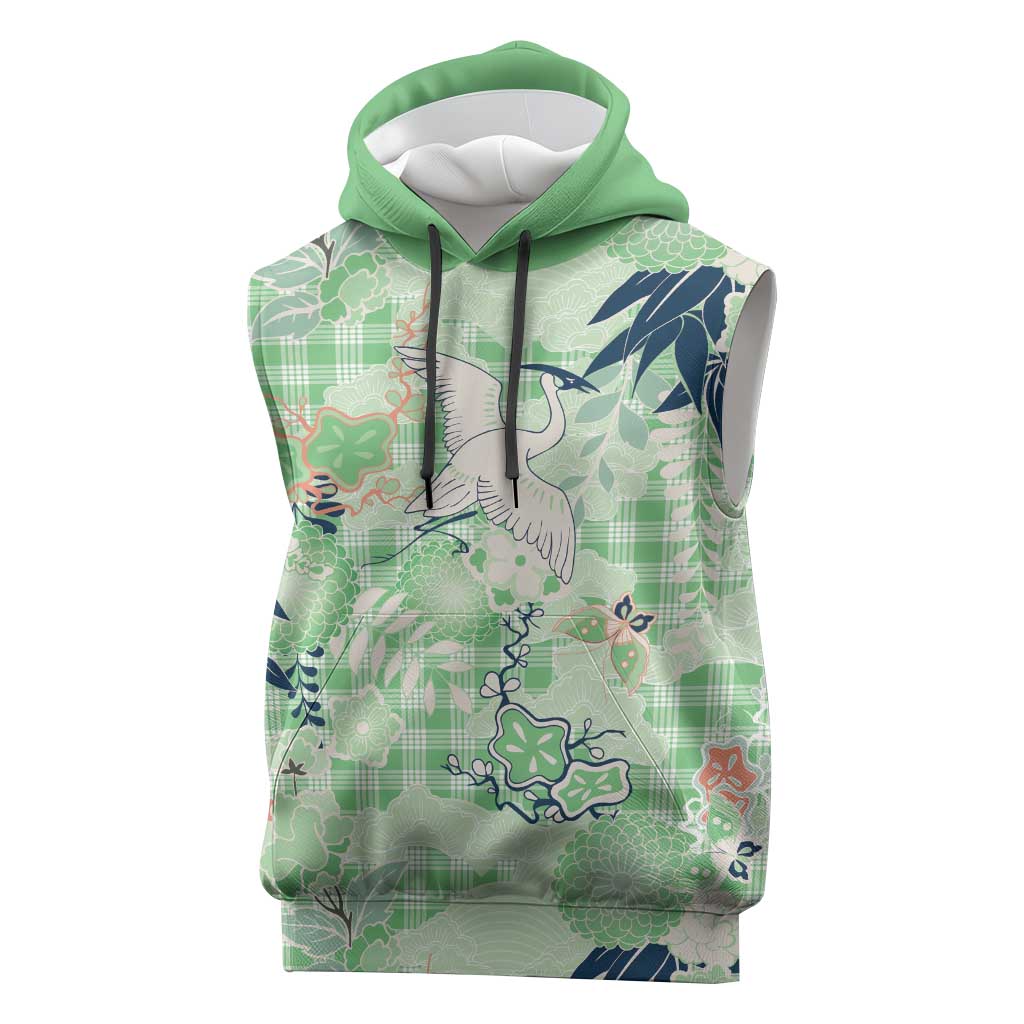 Green Palaka Crane and Flowers Sleeveless Hoodie Japan Heritage Spirit LT9 Green - Polynesian Pride