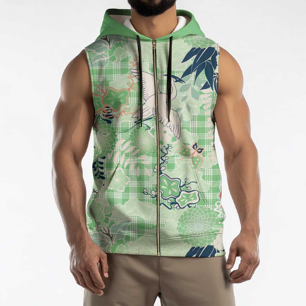 Green Palaka Crane and Flowers Sleeveless Zip Hoodie Japan Heritage Spirit - Polynesian Pride