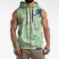 Green Palaka Crane and Flowers Sleeveless Zip Hoodie Japan Heritage Spirit - Polynesian Pride