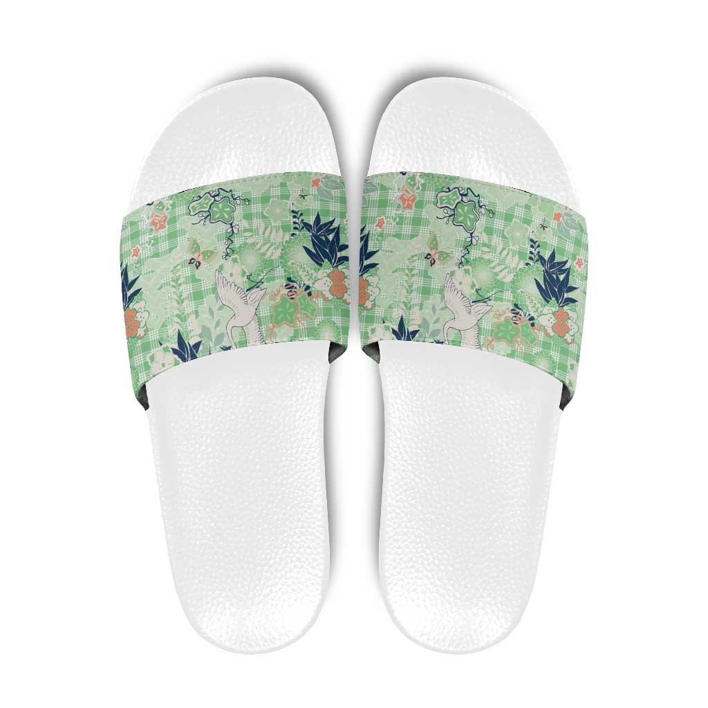 Green Palaka Crane and Flowers Slide Sandals Japan Heritage Spirit - Polynesian Pride