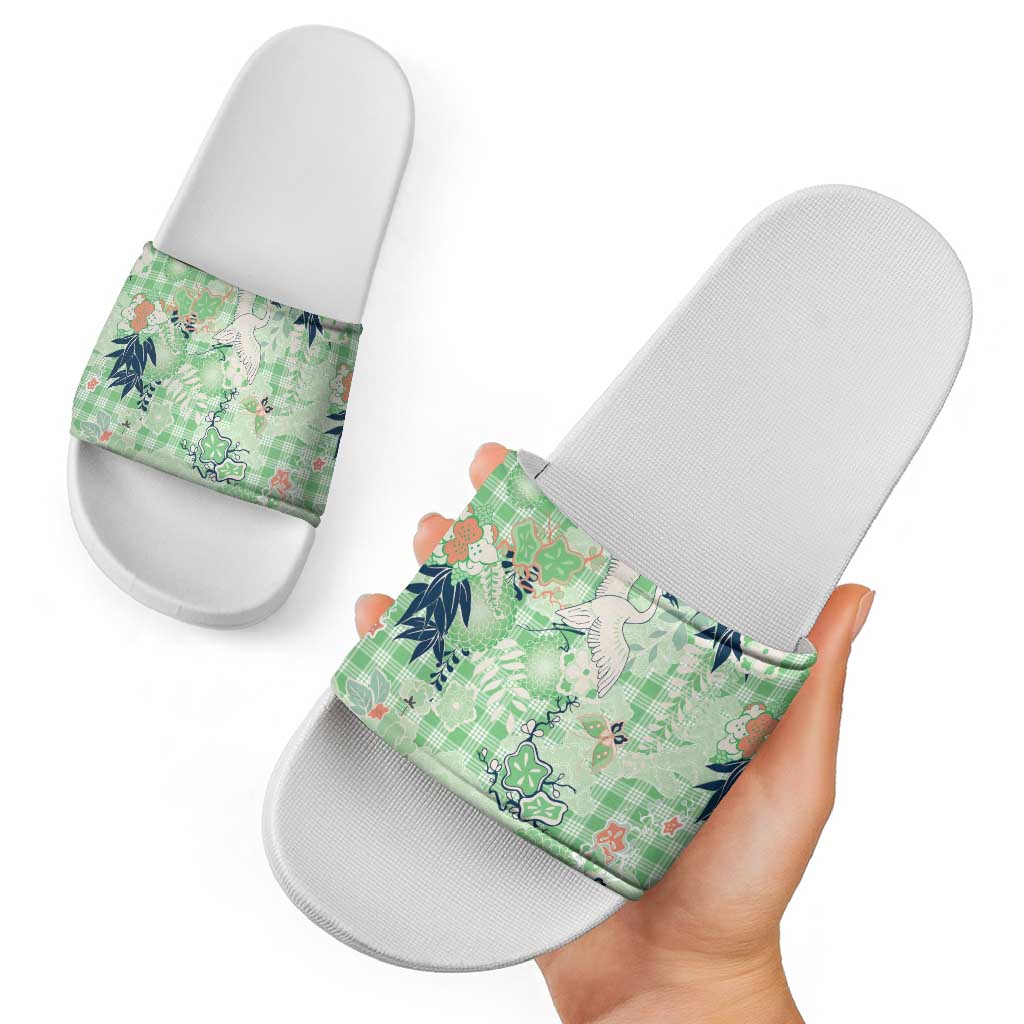 Green Palaka Crane and Flowers Slide Sandals Japan Heritage Spirit - Polynesian Pride