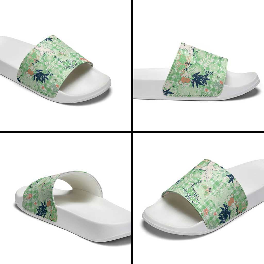 Green Palaka Crane and Flowers Slide Sandals Japan Heritage Spirit - Polynesian Pride