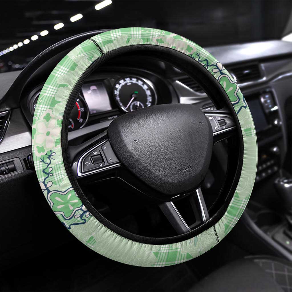 Green Palaka Crane and Flowers Steering Wheel Cover Japan Heritage Spirit LT9 Universal Fit Green - Polynesian Pride