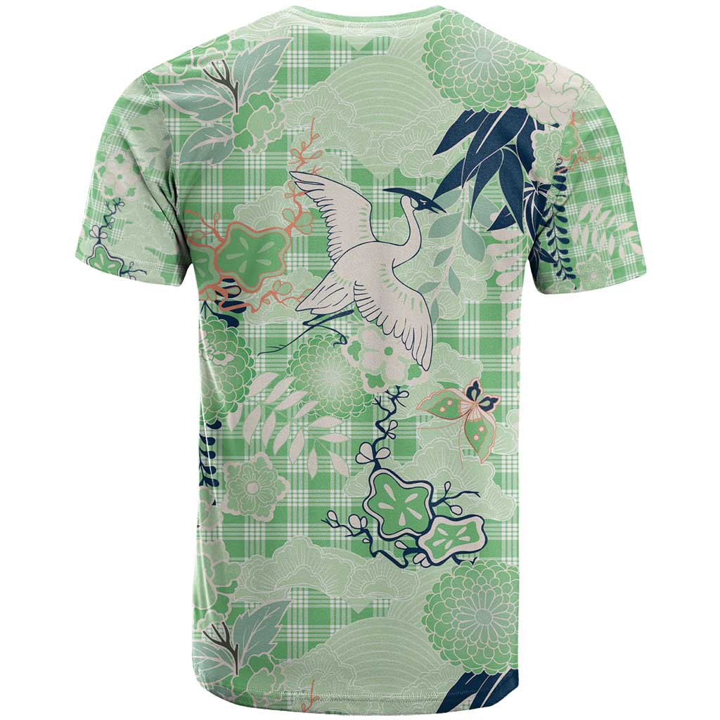 Green Palaka Crane and Flowers T Shirt Japan Heritage Spirit - Polynesian Pride