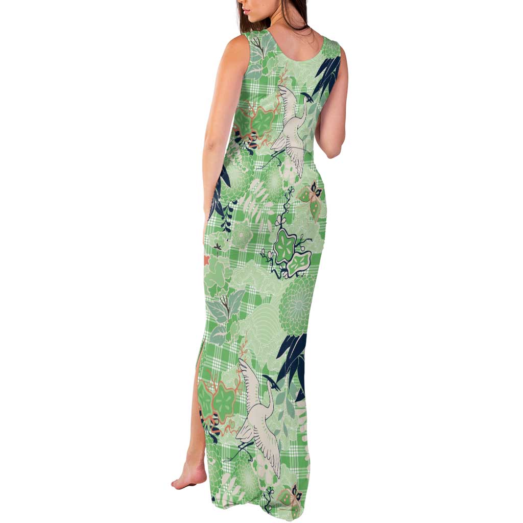 Green Palaka Crane and Flowers Tank Maxi Dress Japan Heritage Spirit - Polynesian Pride