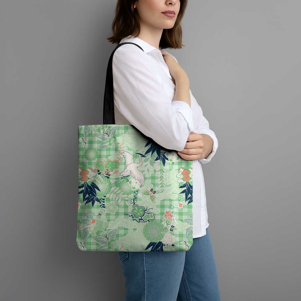 Green Palaka Crane and Flowers Tote Bag Japan Heritage Spirit - Polynesian Pride
