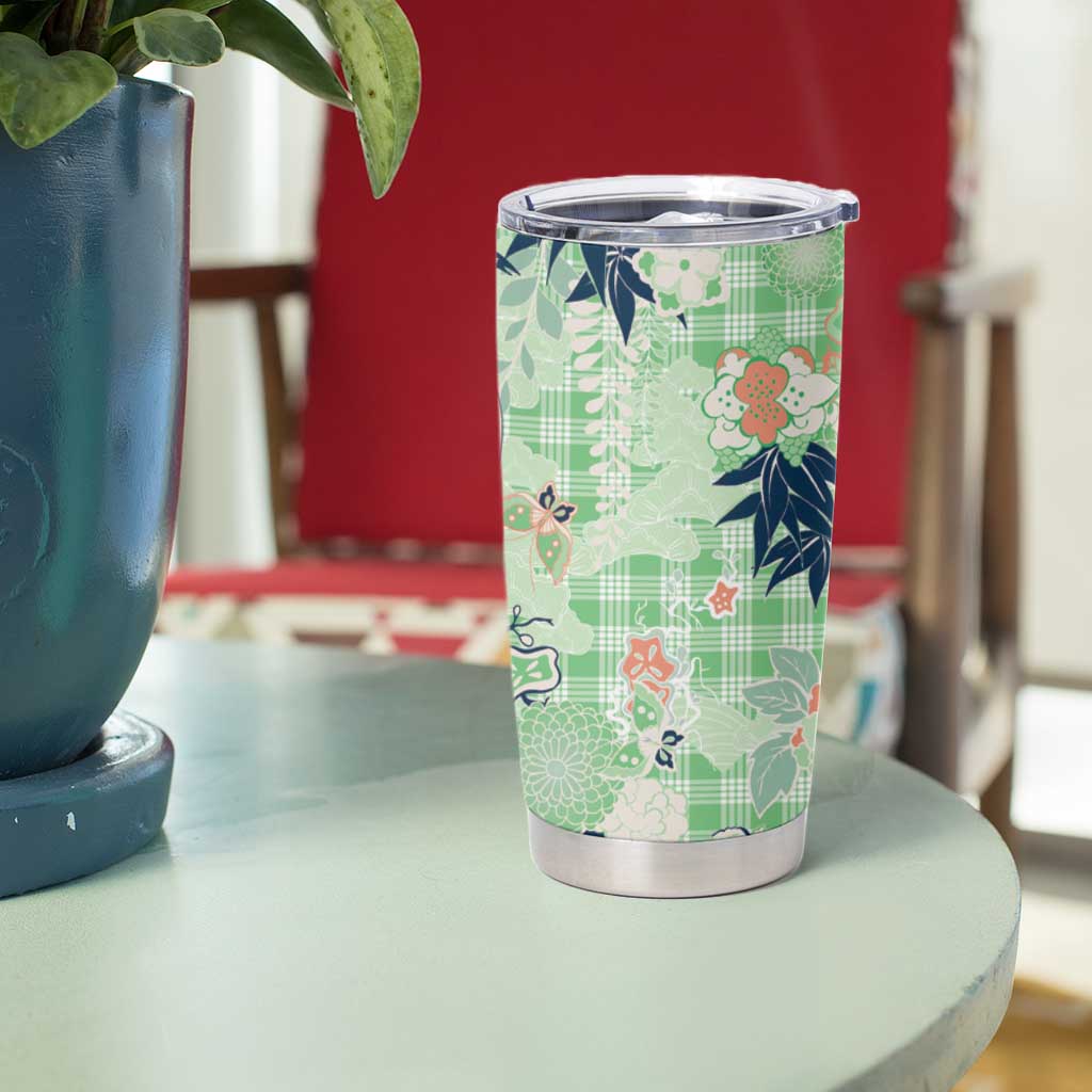 Green Palaka Crane and Flowers Tumbler Cup Japan Heritage Spirit - Polynesian Pride