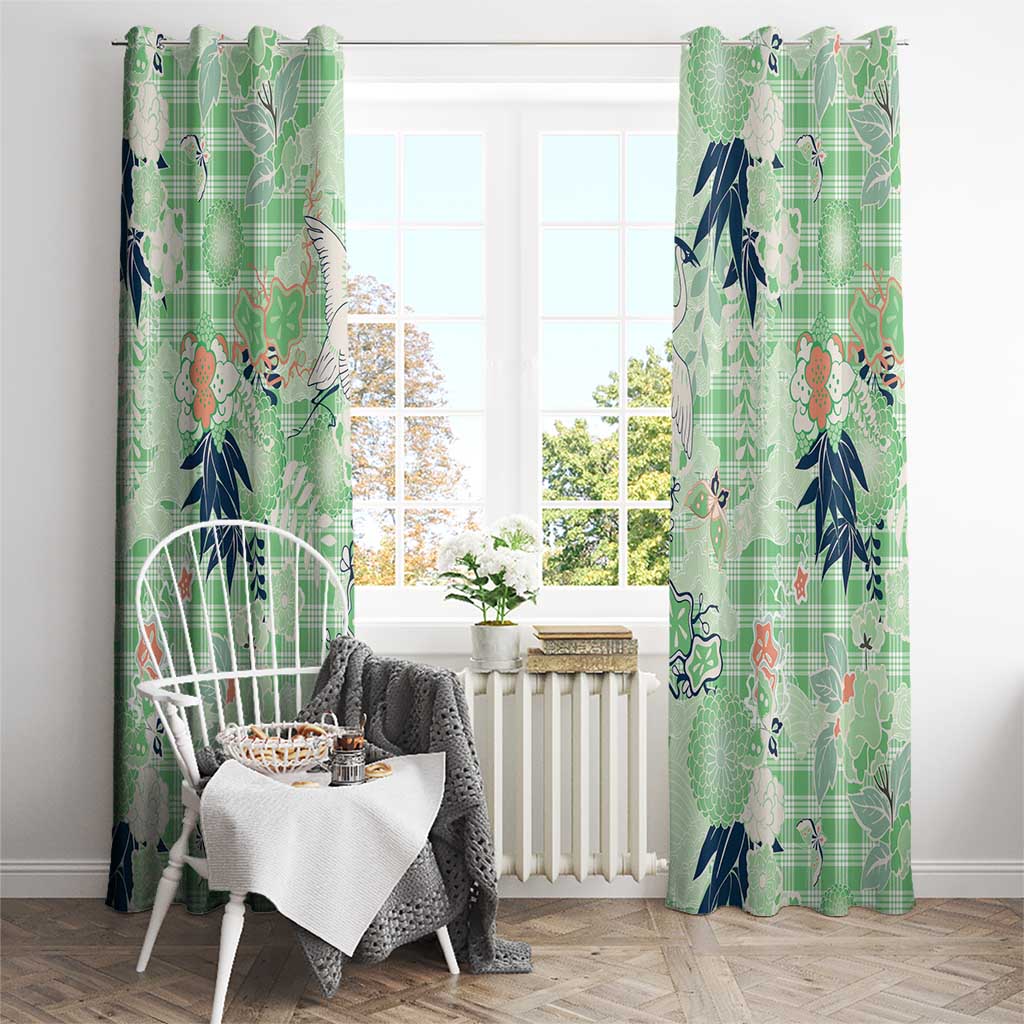 Green Palaka Crane and Flowers Window Curtain Japan Heritage Spirit - Polynesian Pride