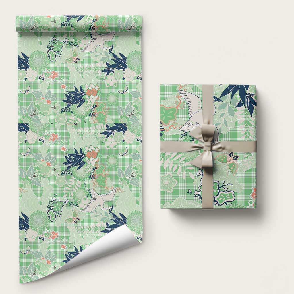 Green Palaka Crane and Flowers Wrapping Paper Japan Heritage Spirit LT9 58" × 23" Green - Polynesian Pride