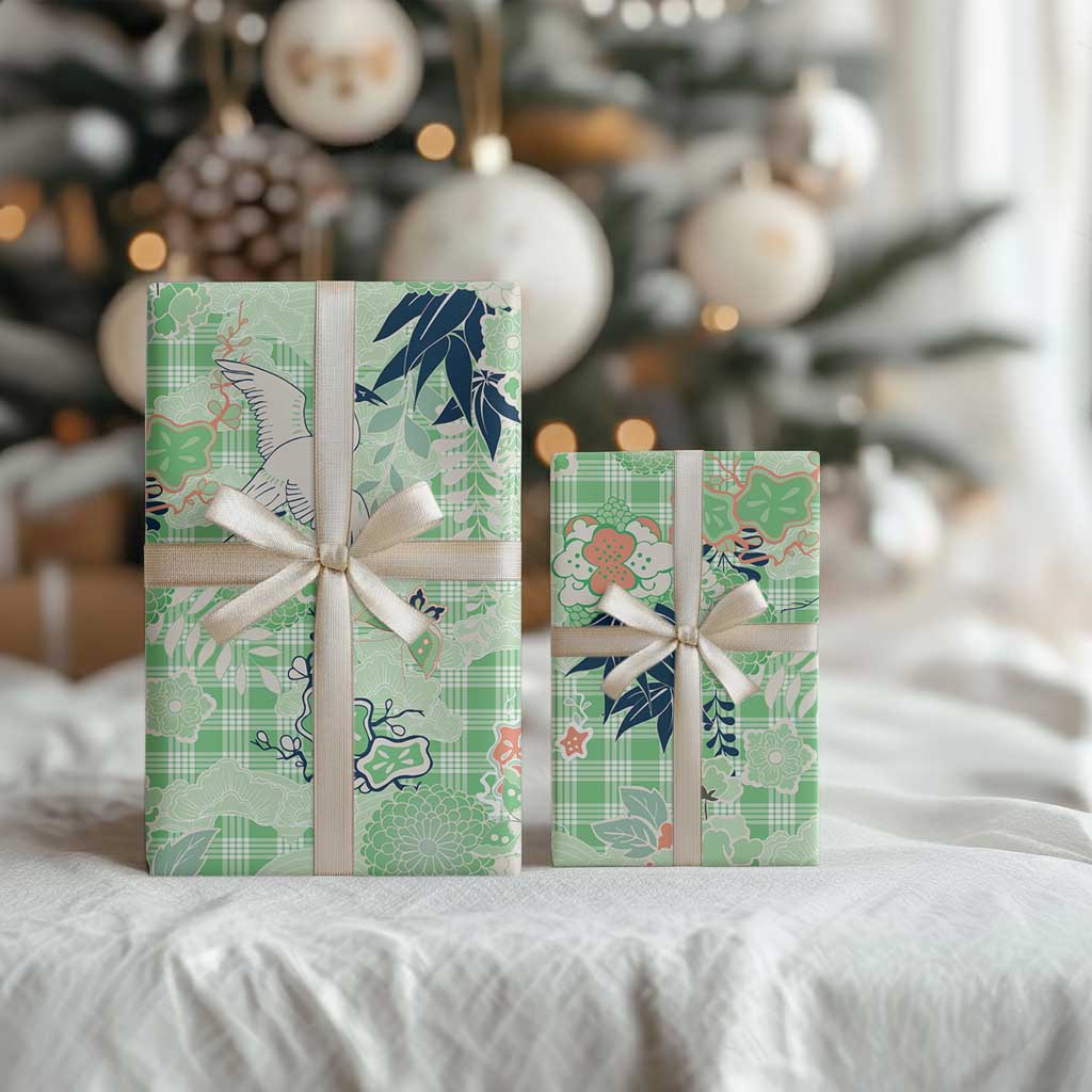 Green Palaka Crane and Flowers Wrapping Paper Japan Heritage Spirit LT9 - Polynesian Pride