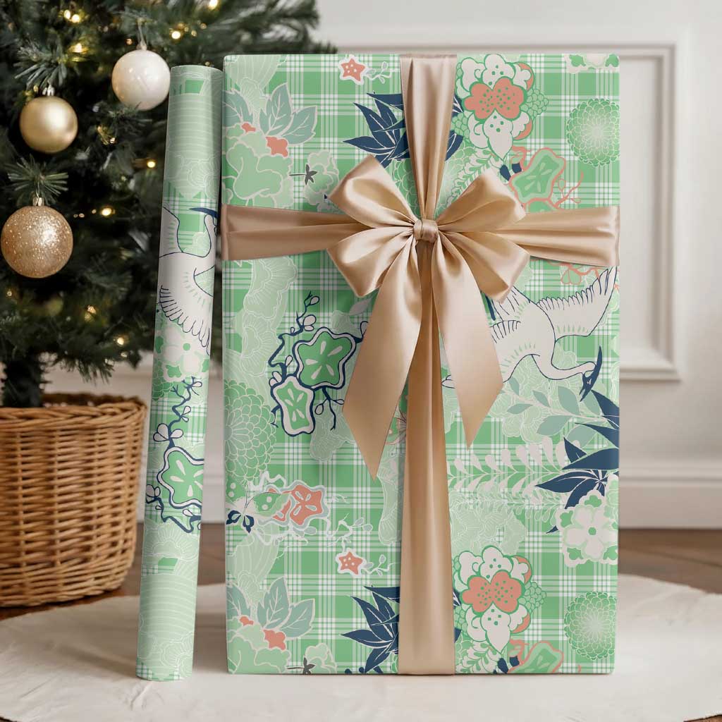 Green Palaka Crane and Flowers Wrapping Paper Japan Heritage Spirit LT9 - Polynesian Pride