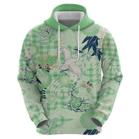 Green Palaka Crane and Flowers Zip Hoodie Japan Heritage Spirit - Polynesian Pride