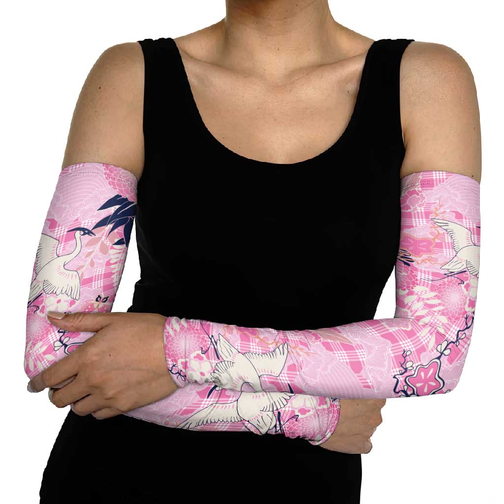 Pink Palaka Crane and Flowers Arm Sleeves Japan Heritage Spirit - Polynesian Pride