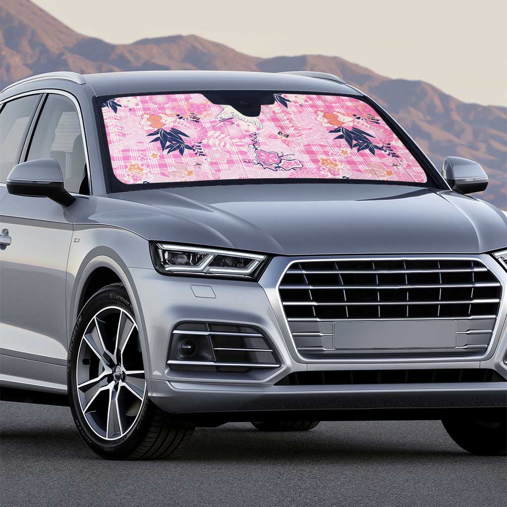 Pink Palaka Crane and Flowers Auto Sun Shade Japan Heritage Spirit - Polynesian Pride