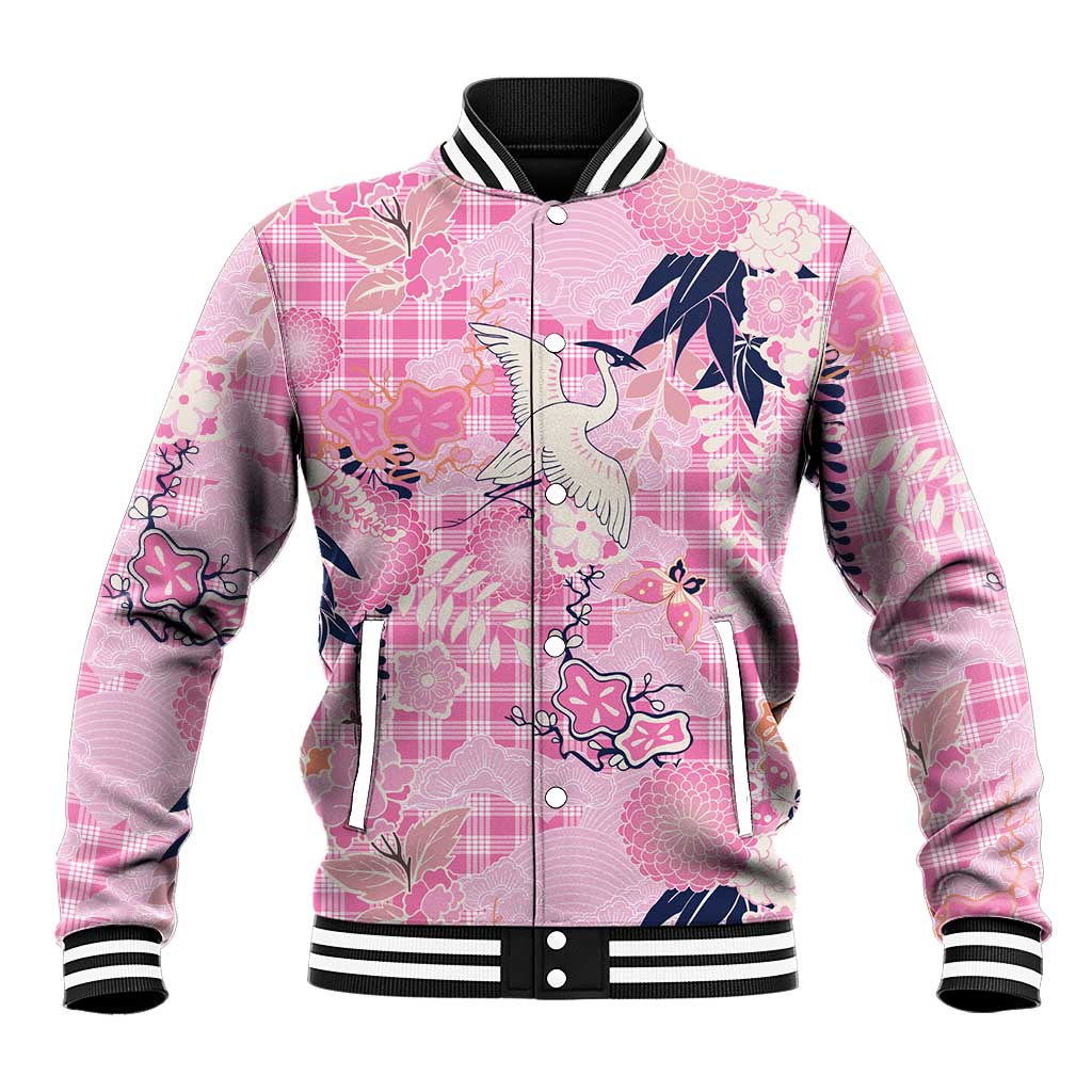 Pink Palaka Crane and Flowers Baseball Jacket Japan Heritage Spirit LT9 Unisex Pink - Polynesian Pride