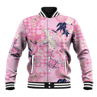 Pink Palaka Crane and Flowers Baseball Jacket Japan Heritage Spirit LT9 Unisex Pink - Polynesian Pride