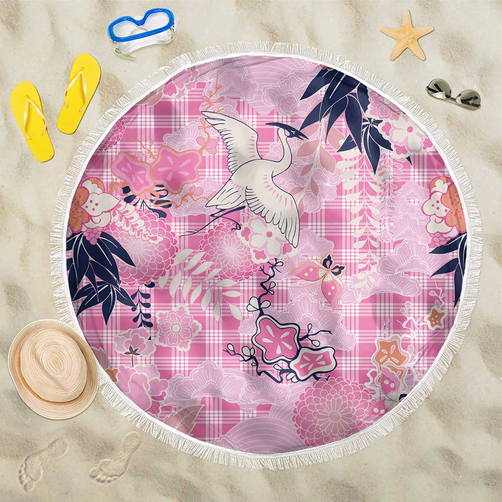 Pink Palaka Crane and Flowers Beach Blanket Japan Heritage Spirit - Polynesian Pride