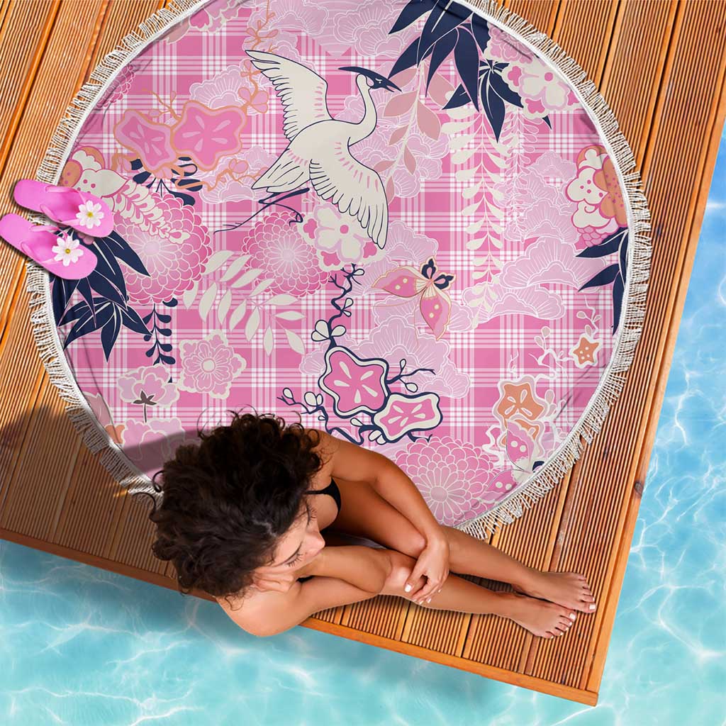 Pink Palaka Crane and Flowers Beach Blanket Japan Heritage Spirit - Polynesian Pride