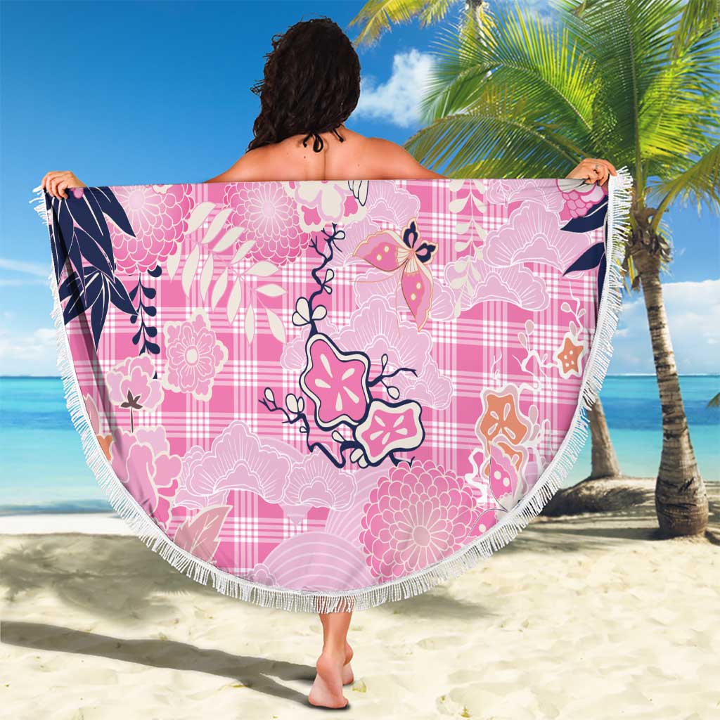 Pink Palaka Crane and Flowers Beach Blanket Japan Heritage Spirit - Polynesian Pride