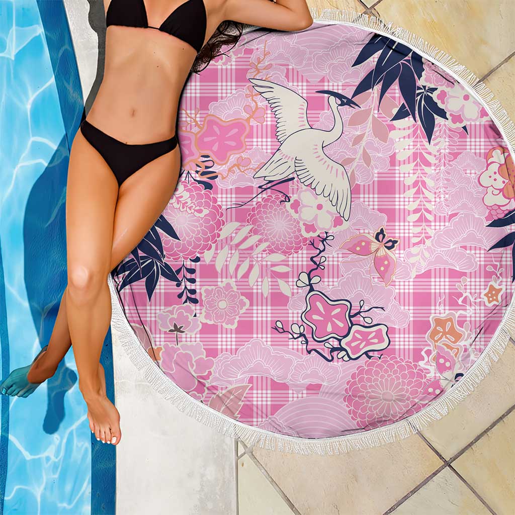 Pink Palaka Crane and Flowers Beach Blanket Japan Heritage Spirit - Polynesian Pride