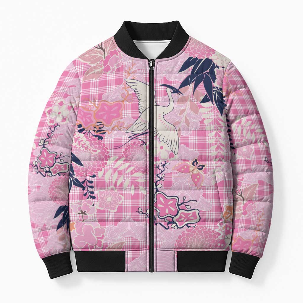 Pink Palaka Crane and Flowers Bomber Puffer Jacket Japan Heritage Spirit LT9 Unisex Pink - Polynesian Pride