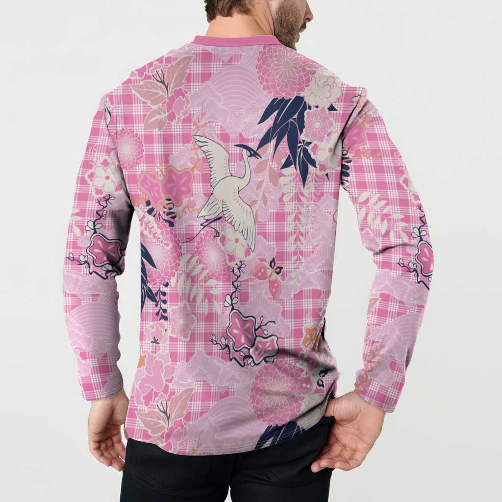 Pink Palaka Crane and Flowers Button Sweatshirt Japan Heritage Spirit LT9 - Polynesian Pride
