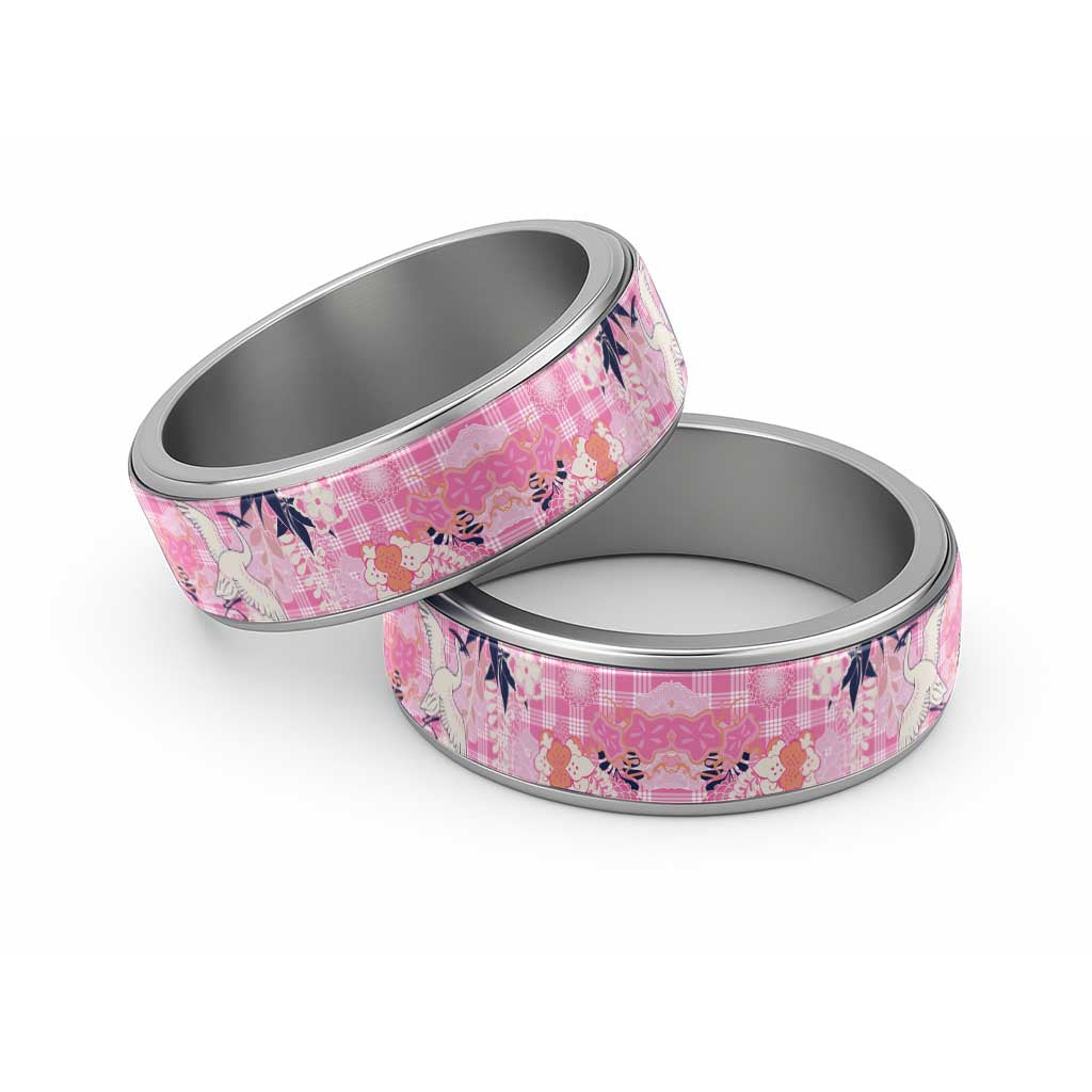 Pink Palaka Crane and Flowers Classic Ring Japan Heritage Spirit LT9 Sliver Pink - Polynesian Pride
