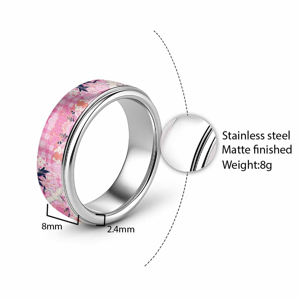 Pink Palaka Crane and Flowers Classic Ring Japan Heritage Spirit LT9 - Polynesian Pride