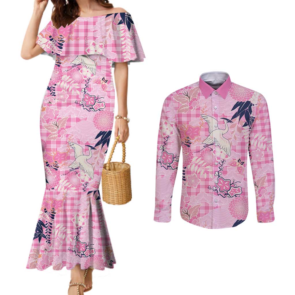 Pink Palaka Crane and Flowers Couples Matching Mermaid Dress and Long Sleeve Button Shirt Japan Heritage Spirit LT9 Pink - Polynesian Pride