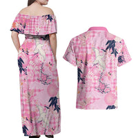Pink Palaka Crane and Flowers Couples Matching Off Shoulder Maxi Dress and Hawaiian Shirt Japan Heritage Spirit - Polynesian Pride