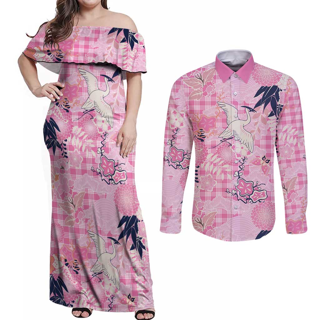 Pink Palaka Crane and Flowers Couples Matching Off Shoulder Maxi Dress and Long Sleeve Button Shirt Japan Heritage Spirit LT9 Pink - Polynesian Pride