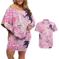 Pink Palaka Crane and Flowers Couples Matching Off Shoulder Short Dress and Hawaiian Shirt Japan Heritage Spirit - Polynesian Pride
