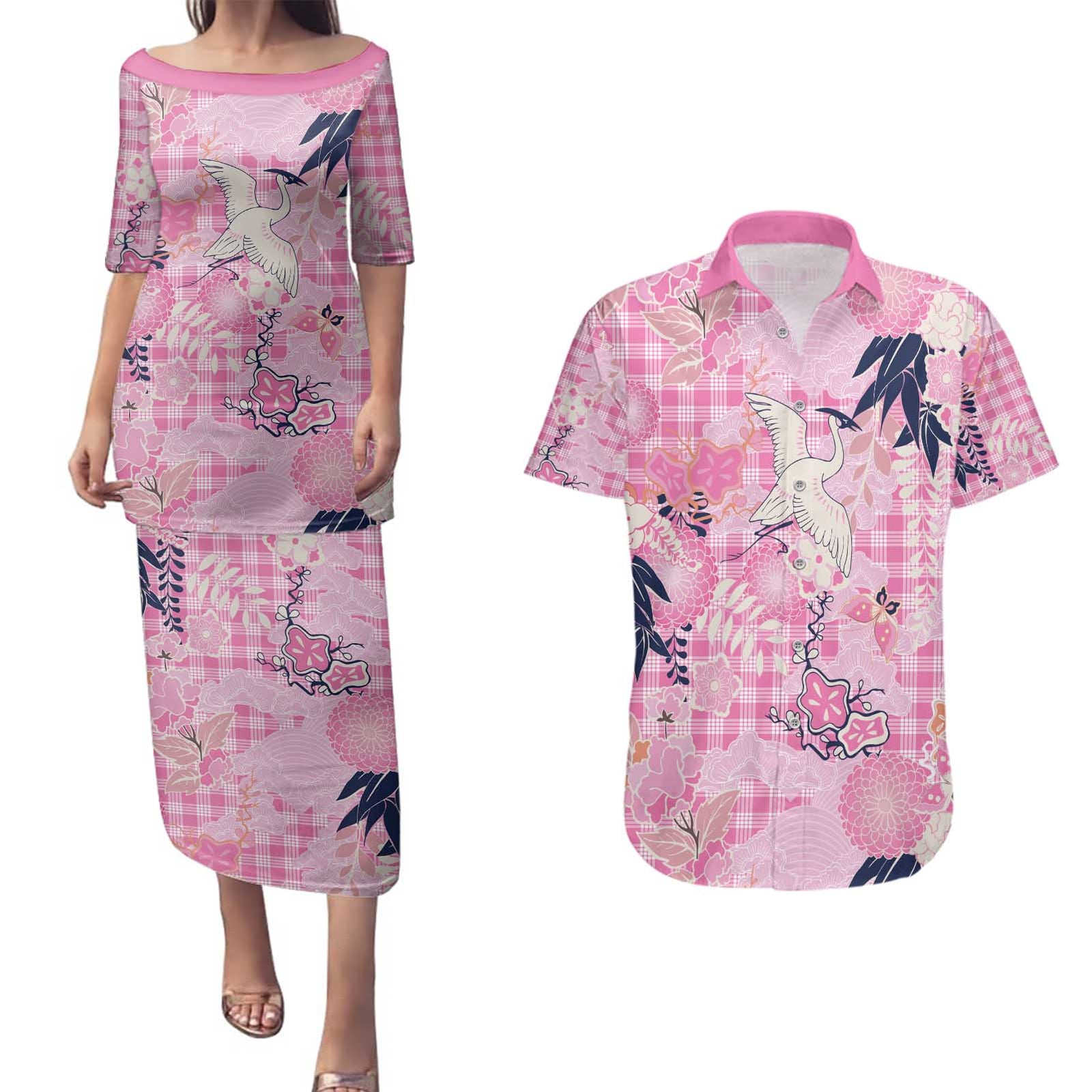 Pink Palaka Crane and Flowers Couples Matching Puletasi and Hawaiian Shirt Japan Heritage Spirit LT9 Pink - Polynesian Pride
