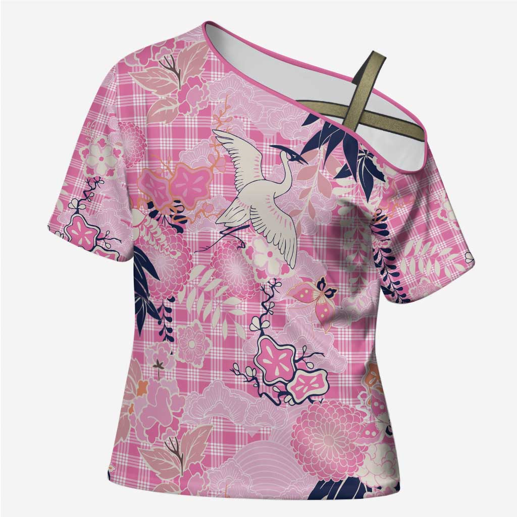 Pink Palaka Crane and Flowers Cross Shoulder Shirt Japan Heritage Spirit LT9 Female Pink - Polynesian Pride