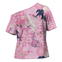Pink Palaka Crane and Flowers Cross Shoulder Shirt Japan Heritage Spirit LT9 - Polynesian Pride