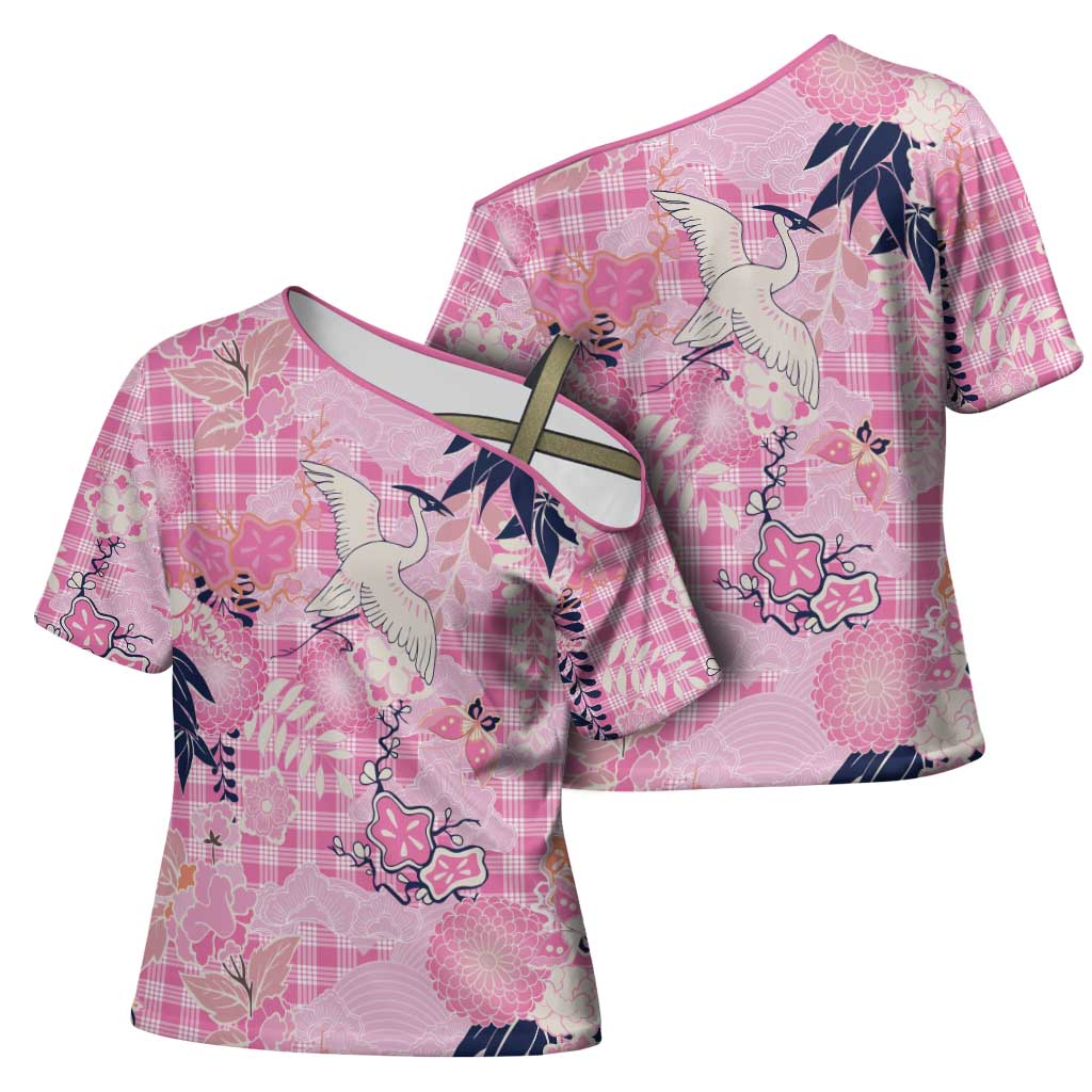 Pink Palaka Crane and Flowers Cross Shoulder Shirt Japan Heritage Spirit LT9 - Polynesian Pride
