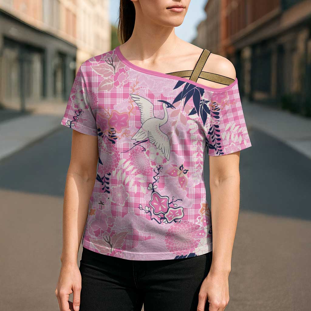 Pink Palaka Crane and Flowers Cross Shoulder Shirt Japan Heritage Spirit LT9 - Polynesian Pride