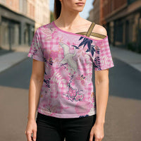 Pink Palaka Crane and Flowers Cross Shoulder Shirt Japan Heritage Spirit LT9 - Polynesian Pride