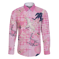 Pink Palaka Crane and Flowers Family Matching Off The Shoulder Long Sleeve Dress and Hawaiian Shirt Japan Heritage Spirit - Polynesian Pride