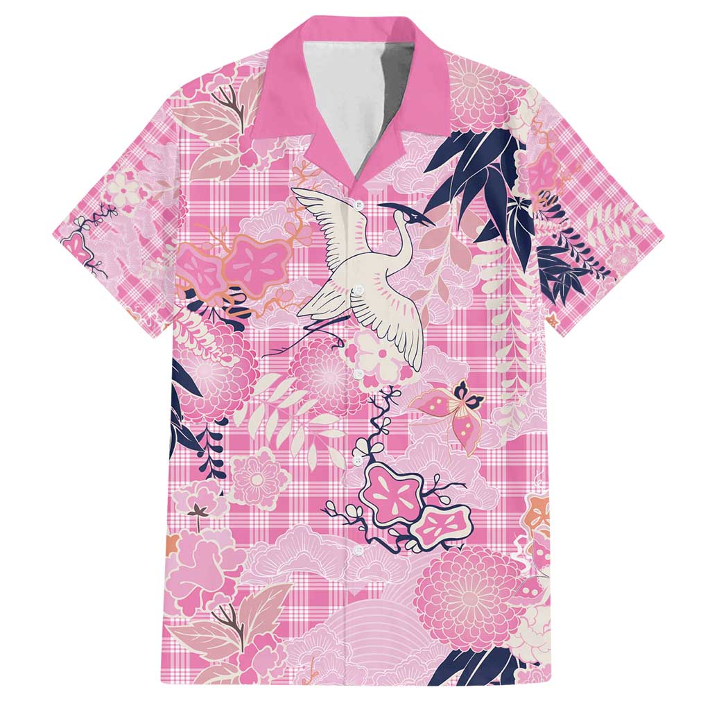 Pink Palaka Crane and Flowers Family Matching Off Shoulder Maxi Dress and Hawaiian Shirt Japan Heritage Spirit - Polynesian Pride