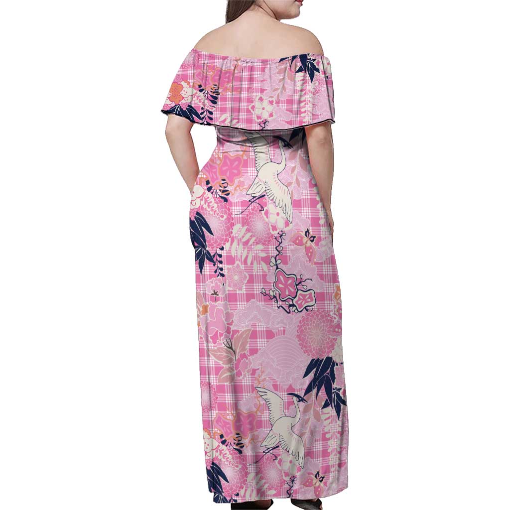Pink Palaka Crane and Flowers Family Matching Off Shoulder Maxi Dress and Hawaiian Shirt Japan Heritage Spirit - Polynesian Pride