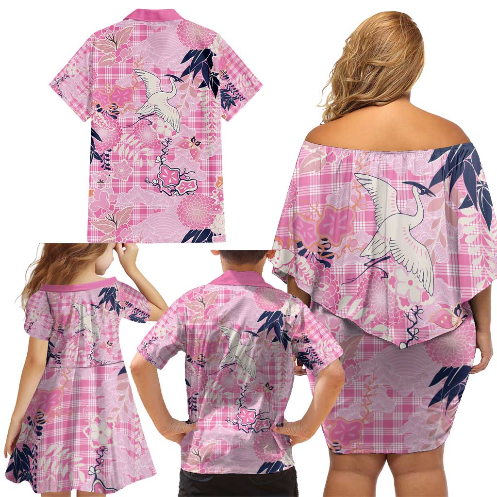 Pink Palaka Crane and Flowers Family Matching Off Shoulder Short Dress and Hawaiian Shirt Japan Heritage Spirit - Polynesian Pride