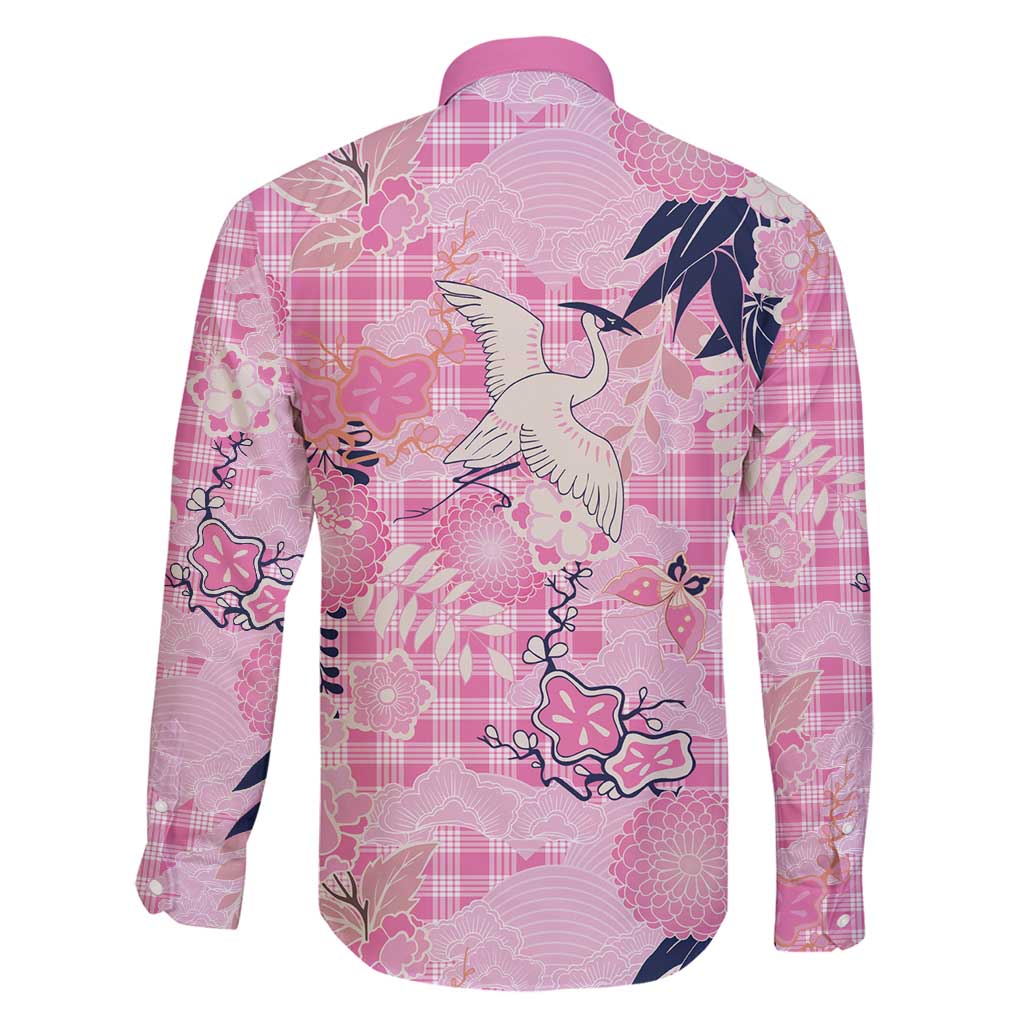 Pink Palaka Crane and Flowers Family Matching Puletasi and Hawaiian Shirt Japan Heritage Spirit - Polynesian Pride